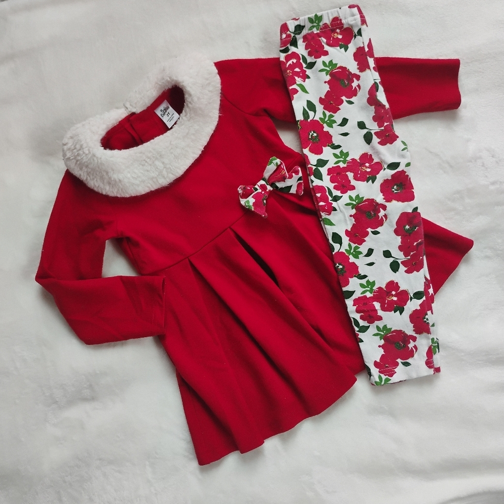 Super Cute Long Sleeve Holiday Shirt Dress & Floral Pant Set | 2T